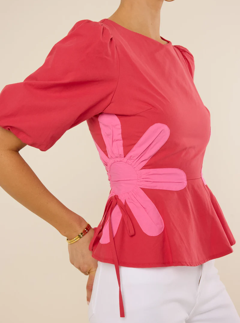 Bubble Sleeve Printed Waist Cinching Top