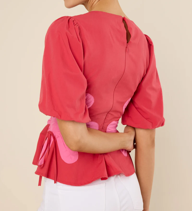 Bubble Sleeve Printed Waist Cinching Top