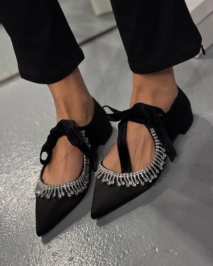 Silver Diamond Tassel Black Flats