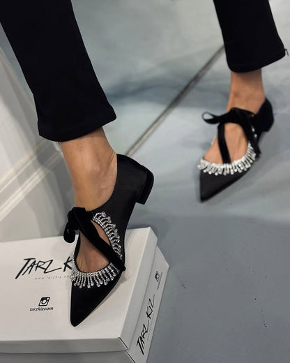 Silver Diamond Tassel Black Flats