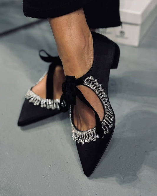 Silver Diamond Tassel Black Flats