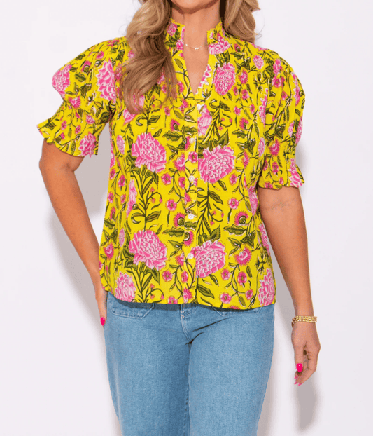 Sunlit Floral Cinched and Pleated Button Up Top