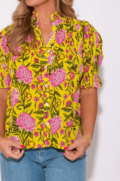 Sunlit Floral Cinched and Pleated Button Up Top