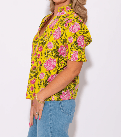 Sunlit Floral Cinched and Pleated Button Up Top