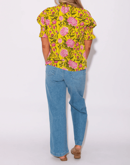 Sunlit Floral Cinched and Pleated Button Up Top