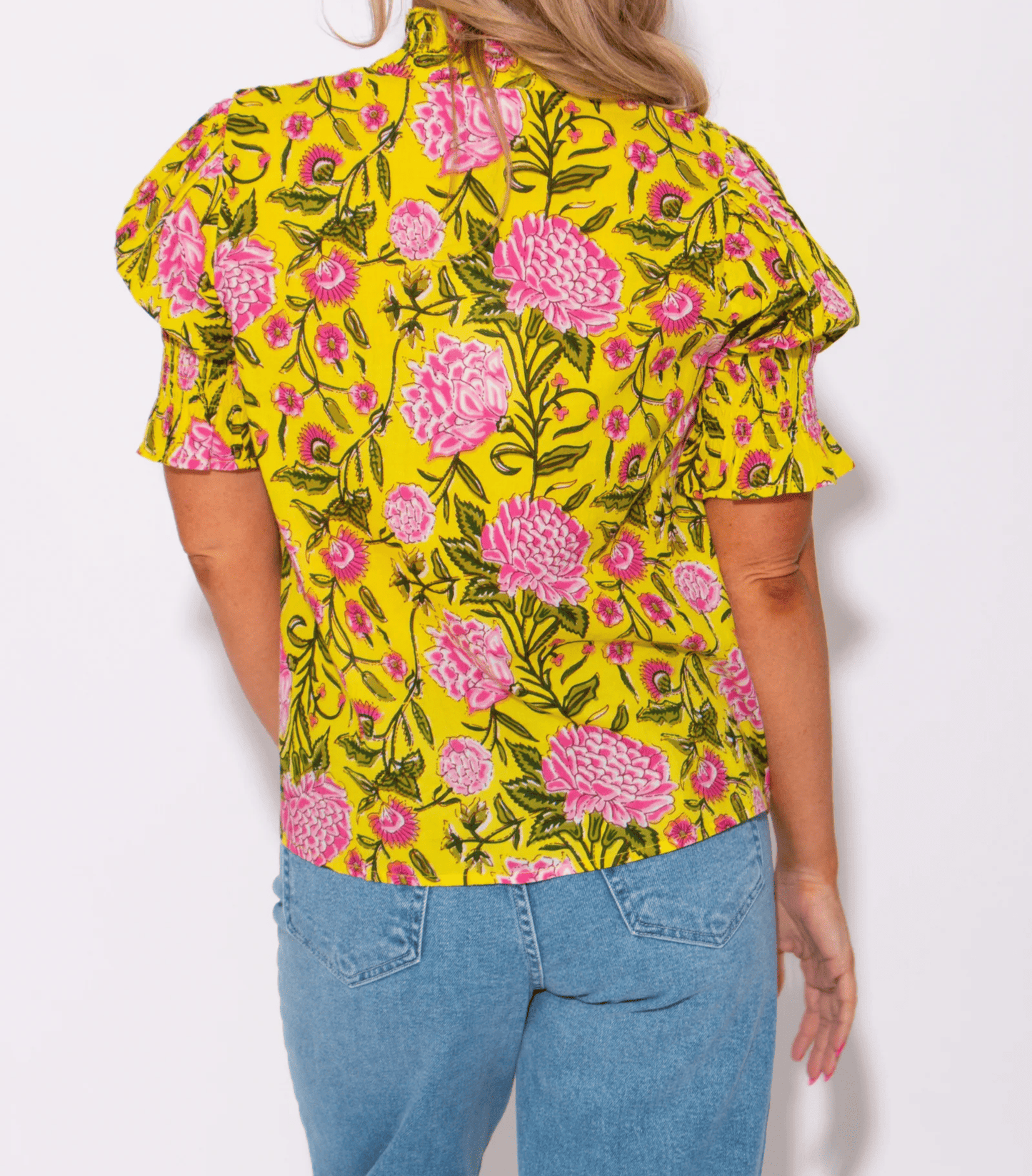 Sunlit Floral Cinched and Pleated Button Up Top