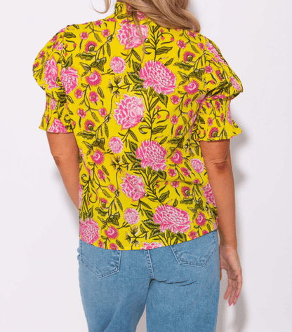 Sunlit Floral Cinched and Pleated Button Up Top