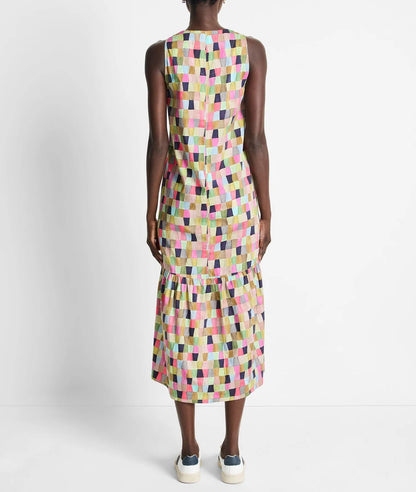 Colorfield Print Split V-Neck Sleeveless Ruffle Dress