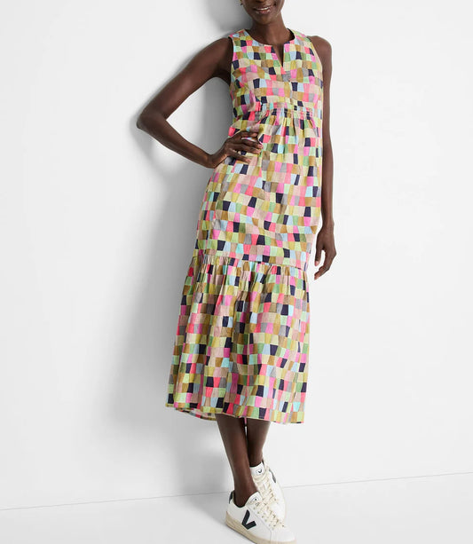 Colorfield Print Split V-Neck Sleeveless Ruffle Dress