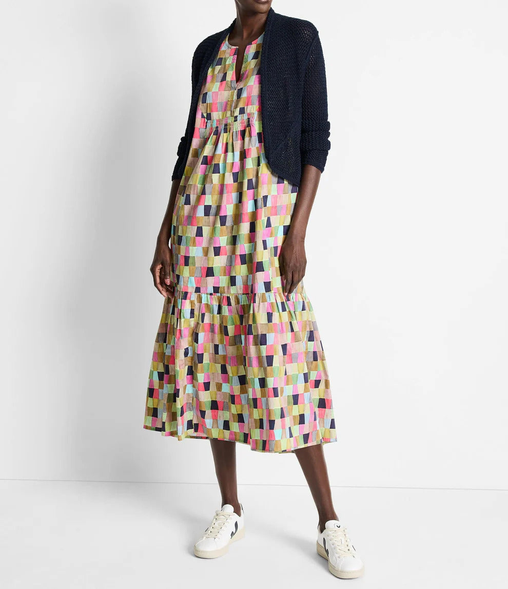 Colorfield Print Split V-Neck Sleeveless Ruffle Dress