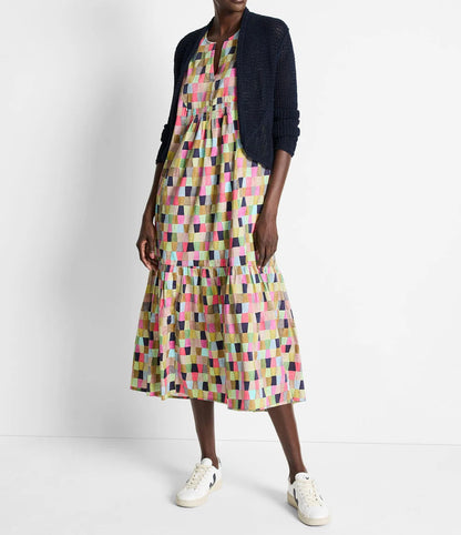 Colorfield Print Split V-Neck Sleeveless Ruffle Dress