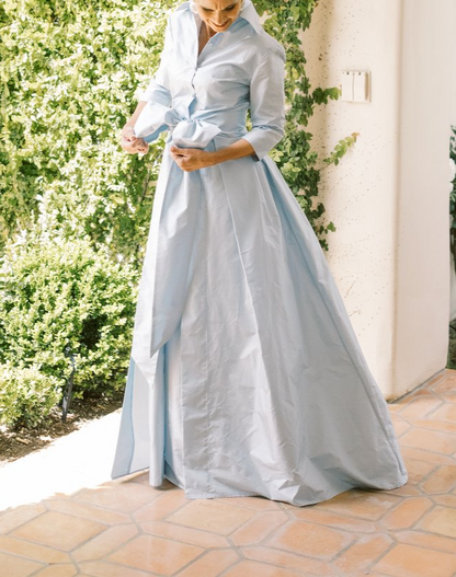 Elegant Blushed Blue Bow Belted Maxi Dress