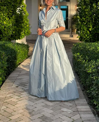 Elegant Blushed Blue Bow Belted Maxi Dress