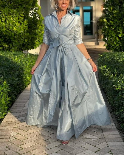 Elegant Blushed Blue Bow Belted Maxi Dress