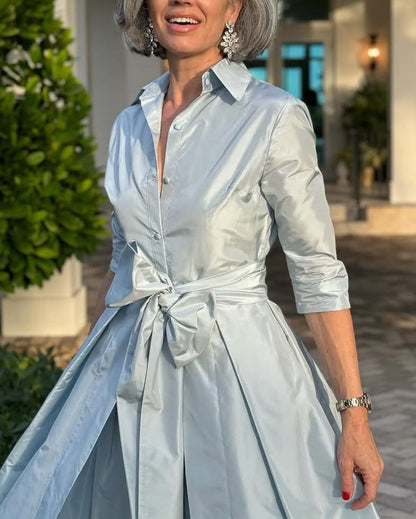 Elegant Blushed Blue Bow Belted Maxi Dress