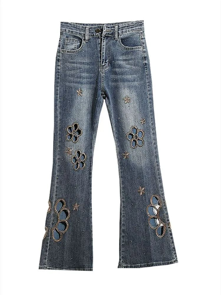Embroidered Hollow Rhinestone Flared Pants