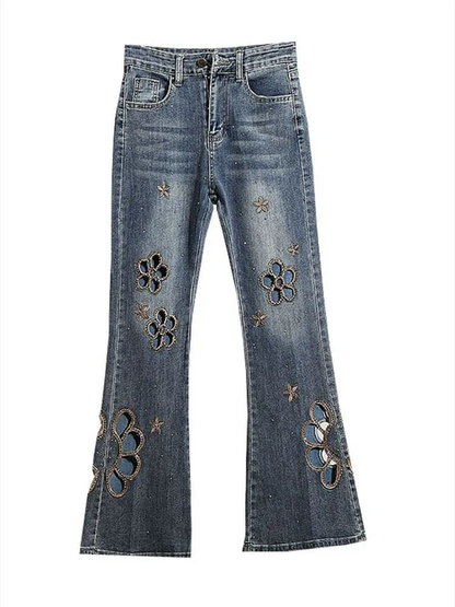 Embroidered Hollow Rhinestone Flared Pants