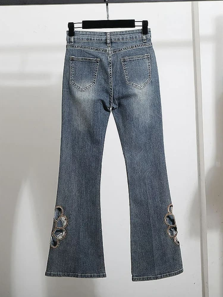 Embroidered Hollow Rhinestone Flared Pants