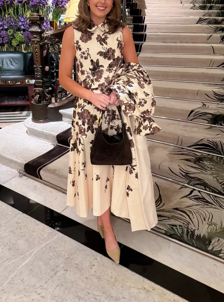 Sleeveless Printed Dress + Collared printed Coat