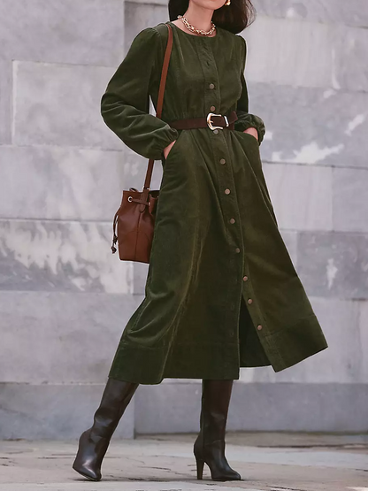 Corduroy Seamed Belted Midi Pocket Dress
