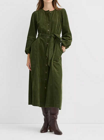 Corduroy Seamed Belted Midi Pocket Dress