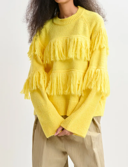 Round-neck knit sweater with fringe details