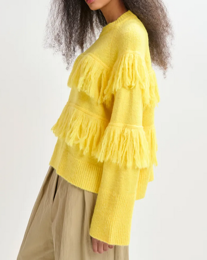 Round-neck knit sweater with fringe details