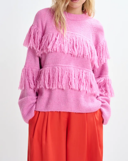 Round-neck knit sweater with fringe details