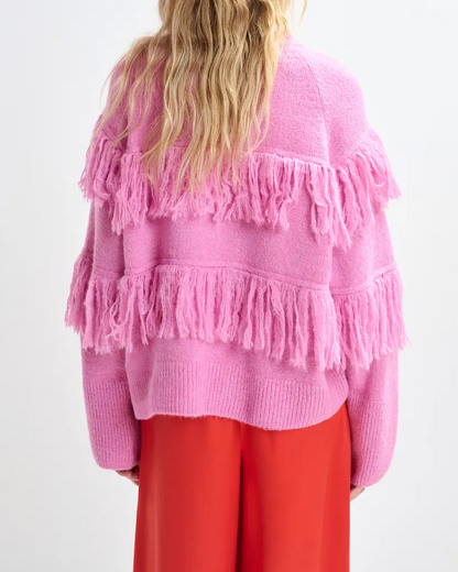 Round-neck knit sweater with fringe details