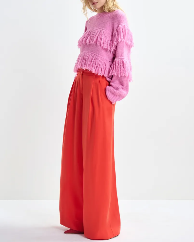 Round-neck knit sweater with fringe details