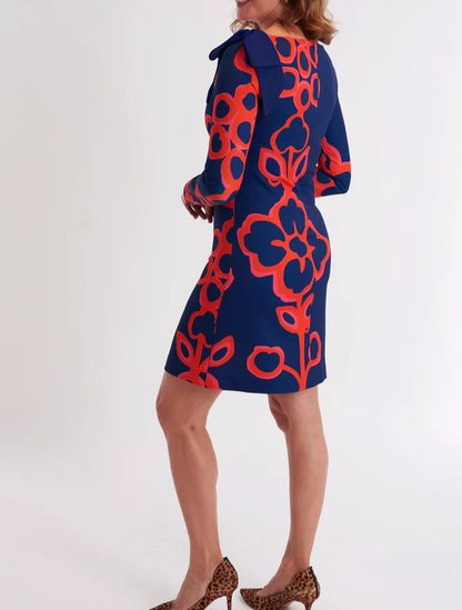 Long-Sleeved Printed Bow Dress