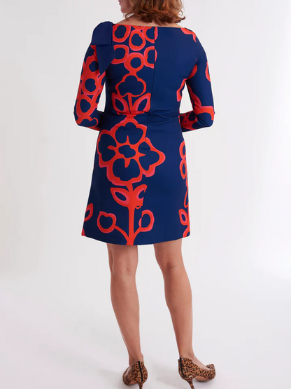 Long-Sleeved Printed Bow Dress