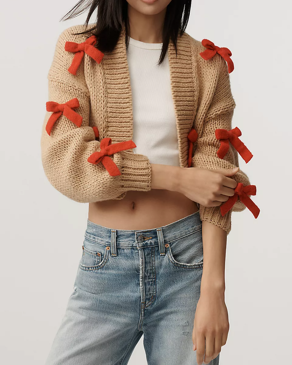 3D Bow Crop Cardigan Sweater