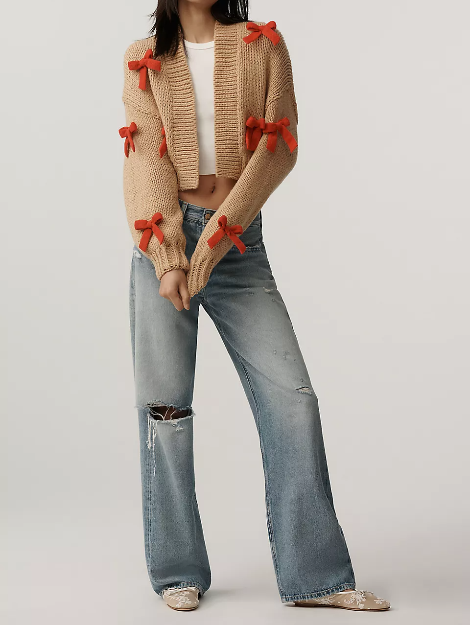 3D Bow Crop Cardigan Sweater