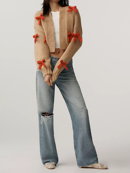 3D Bow Crop Cardigan Sweater