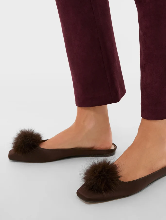 Chocolate Satin Flats with Pom Pom