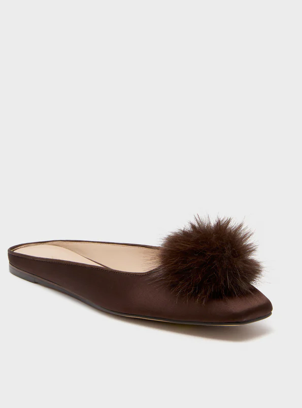Chocolate Satin Flats with Pom Pom