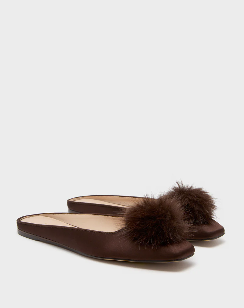 Chocolate Satin Flats with Pom Pom