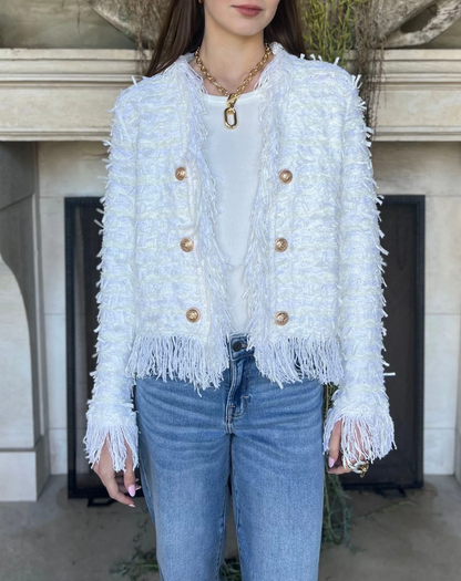 Open Front Fringe Jacket - White