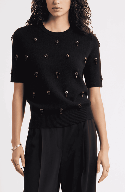 Embellished Short Sleeve Wool Sweater
