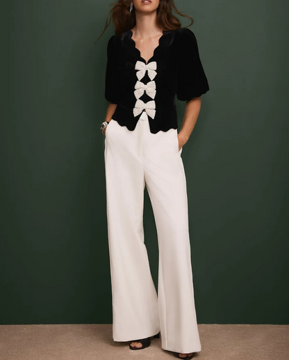 Black Velvet Bow Detail Scallop Trim Top