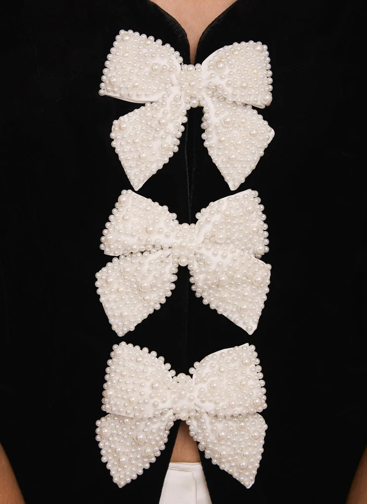 Black Velvet Bow Detail Scallop Trim Top