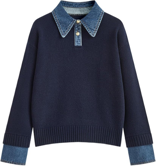 Denim Patchwork Oversized Polo Knit Sweater
