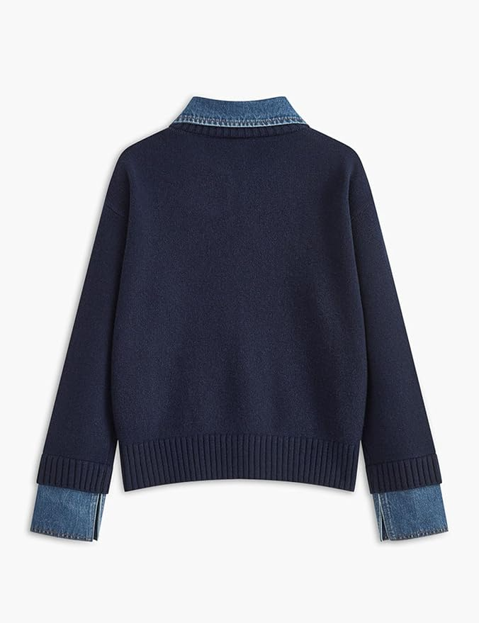 Denim Patchwork Oversized Polo Knit Sweater