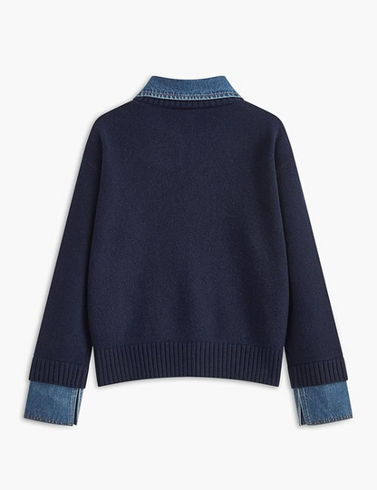 Denim Patchwork Oversized Polo Knit Sweater