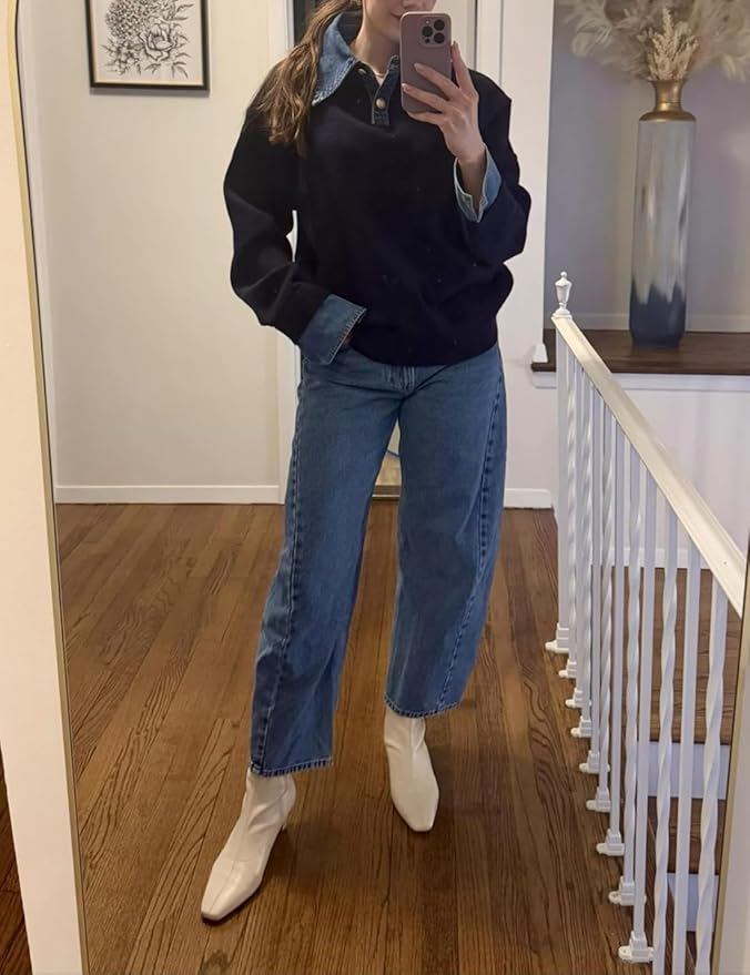 Denim Patchwork Oversized Polo Knit Sweater