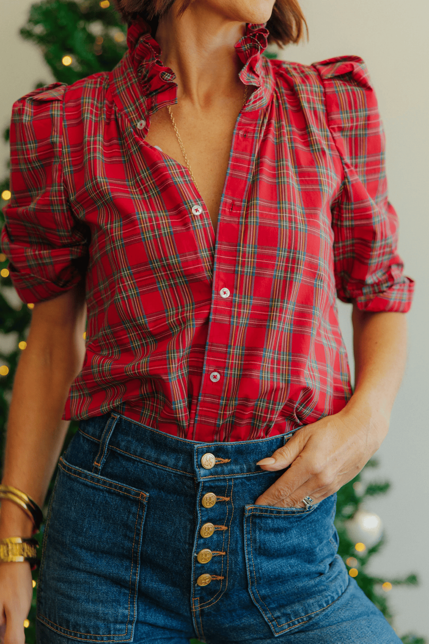 Stand-collar plaid shirt