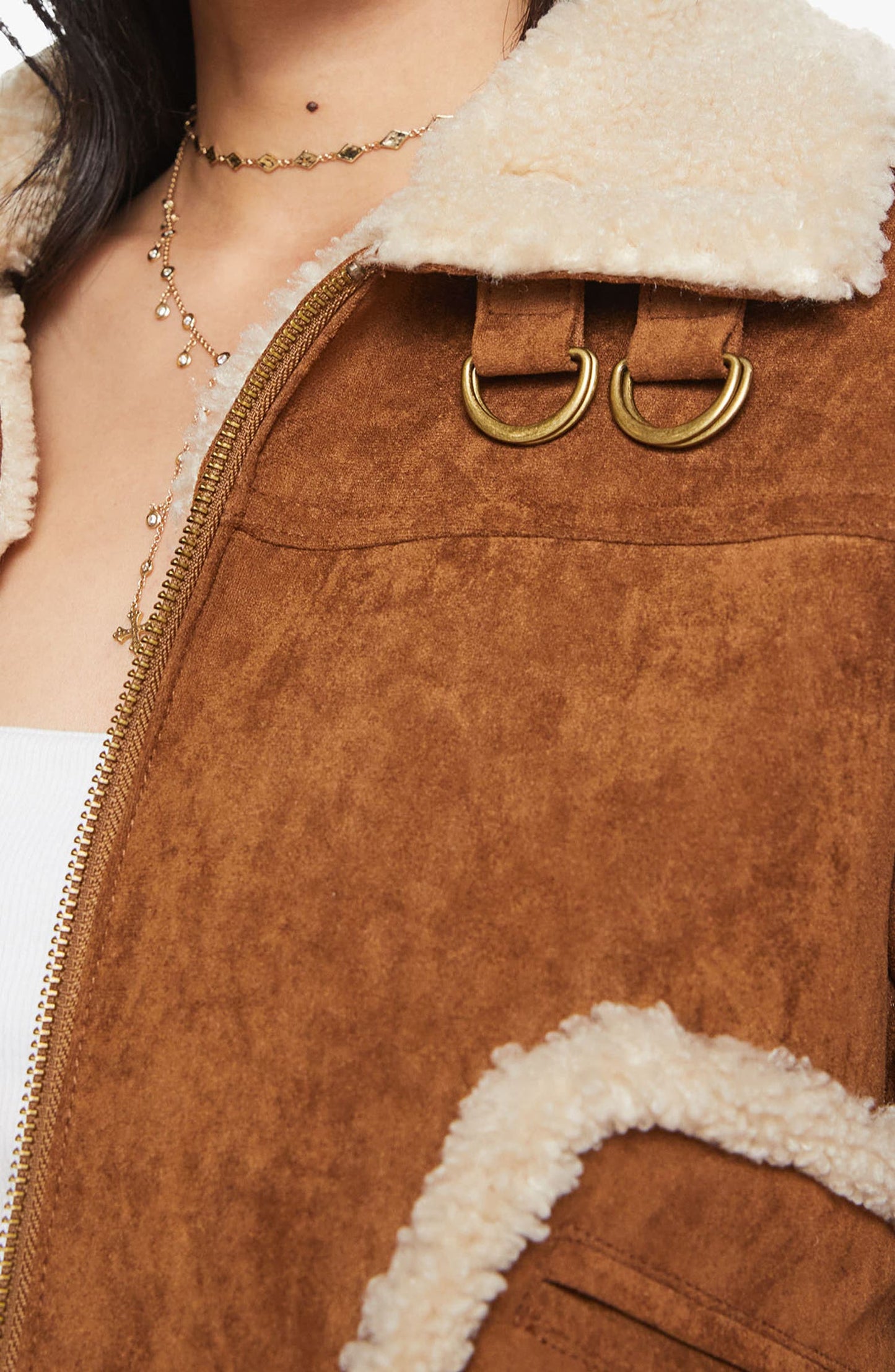 Faux Suede Faux Shearling Trim Jacket