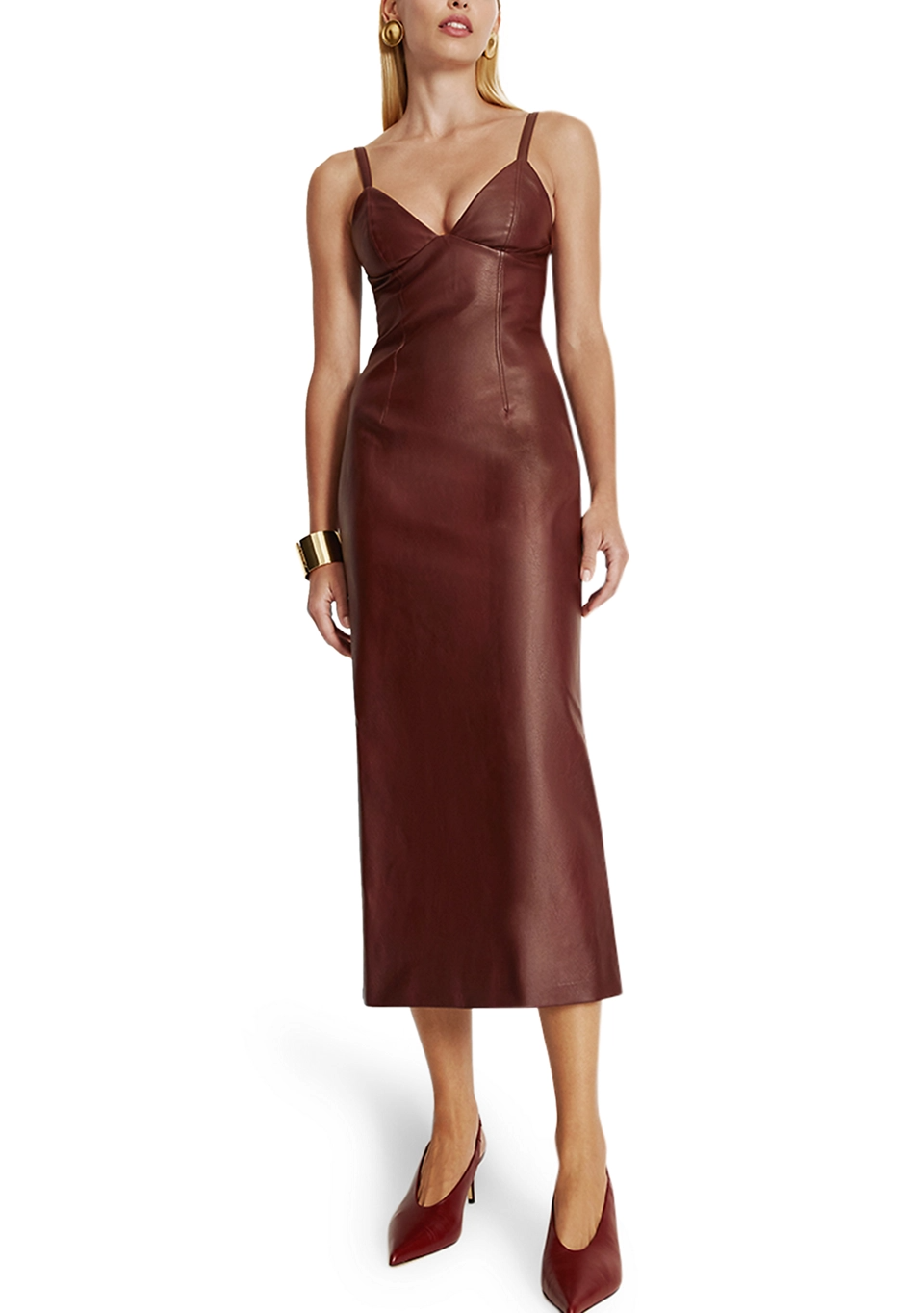 V-Neck Solid Pleather Slim Dress