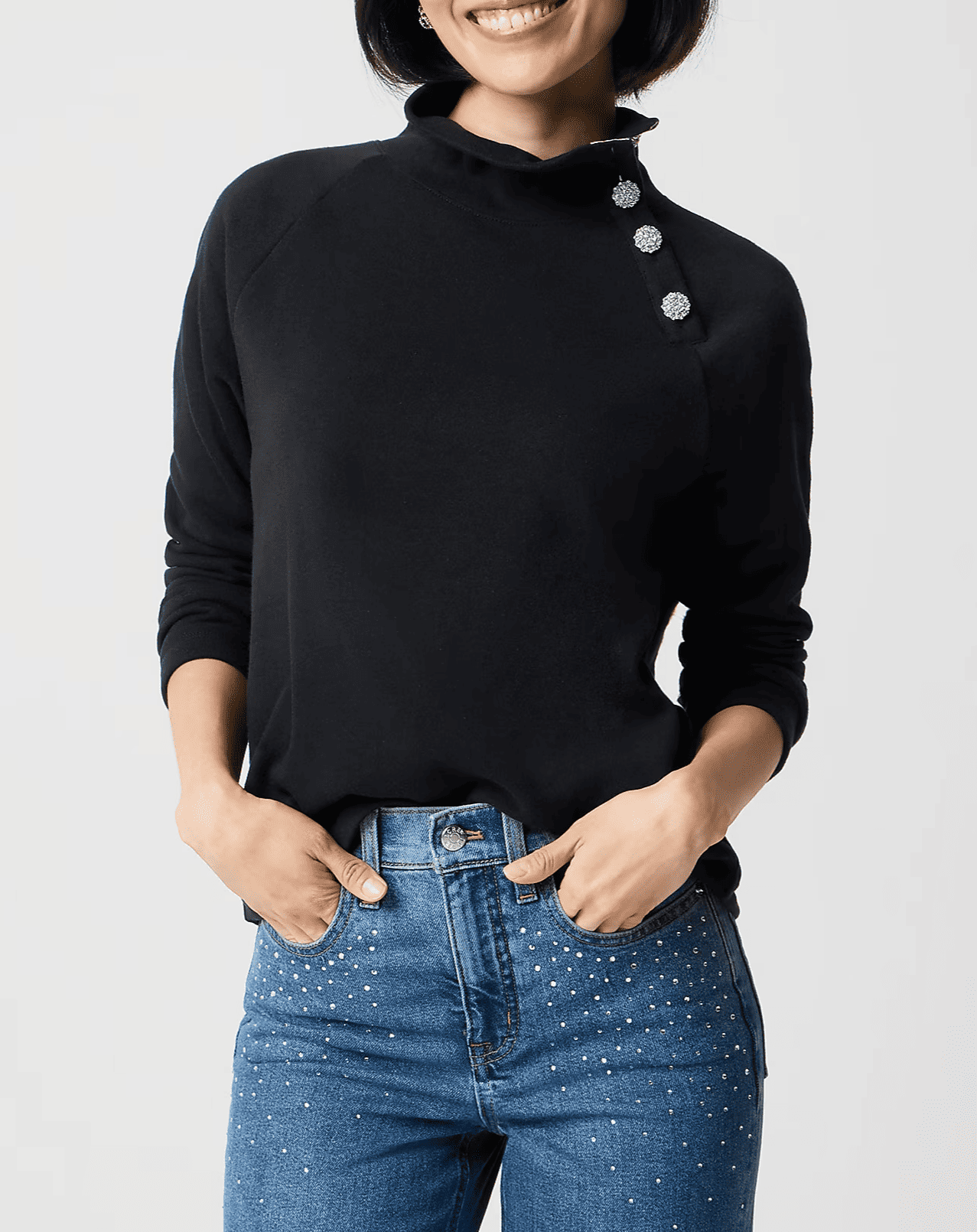 Jewel-button mockneck pullover